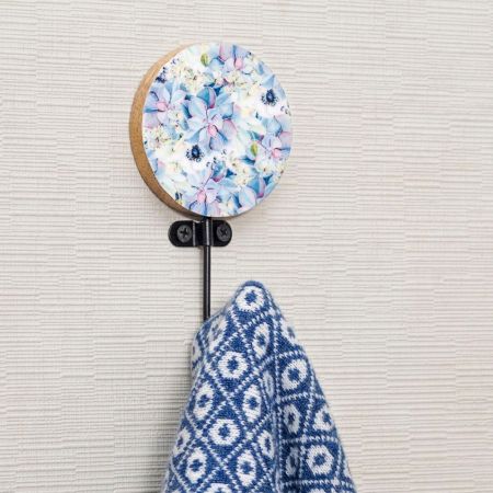 Multicolor Floral Pattern Round Wood and Resin Key Hooks for Hanging